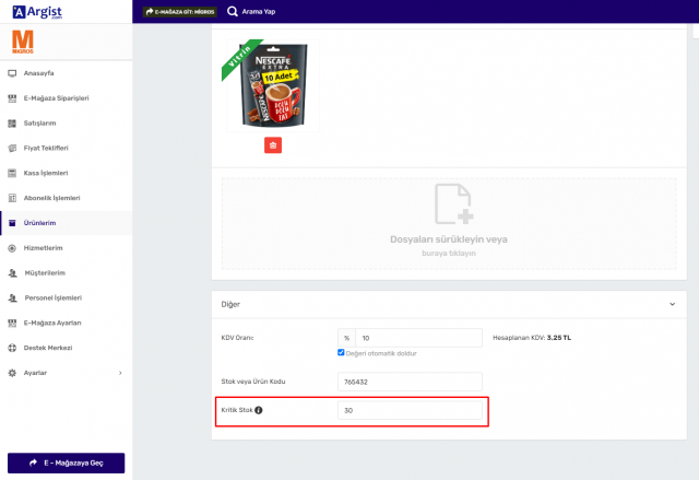 Ürün ekleme sayfası kritik stok
